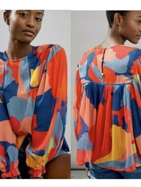 New Anthro Blank London Miranda Sheer Abstract Balloon Sleeve Peasant Blouse